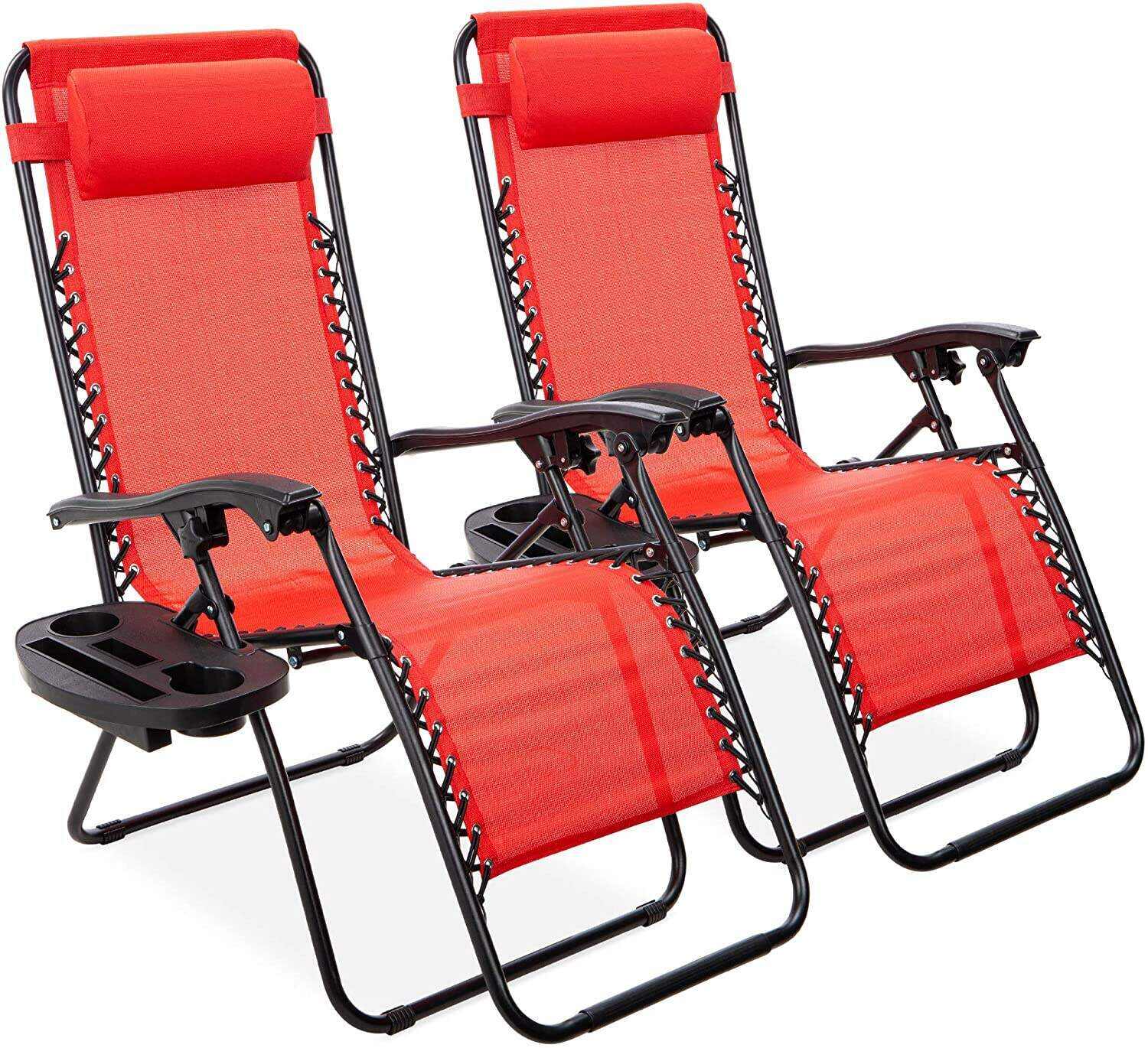 Set of 2 Adjustable Steel Mesh Zero Gravity Lounge Chair Recliners w/Pillows and Cup Holder Trays