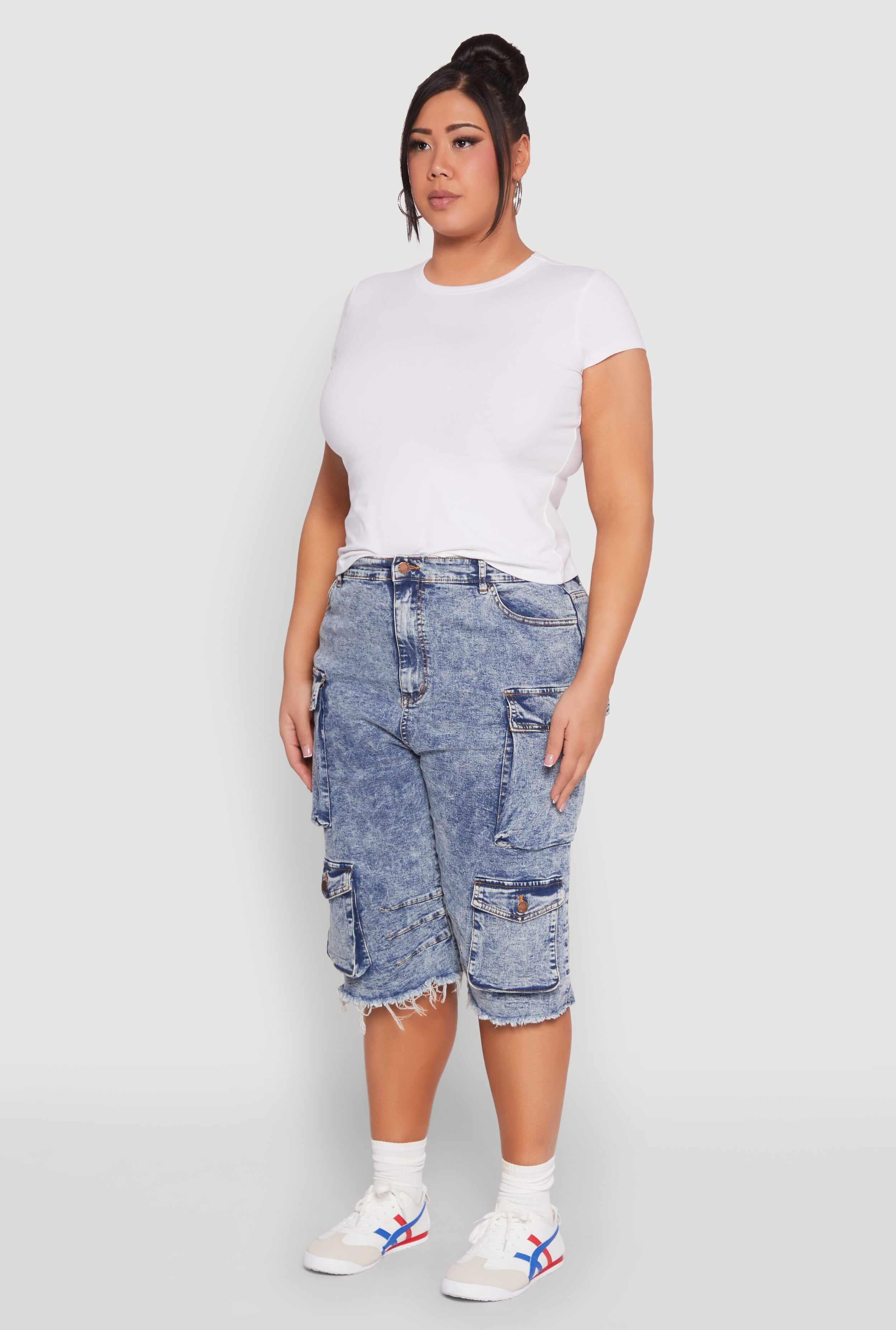 Plus Size Frayed Hem Cargo Bermuda Shorts