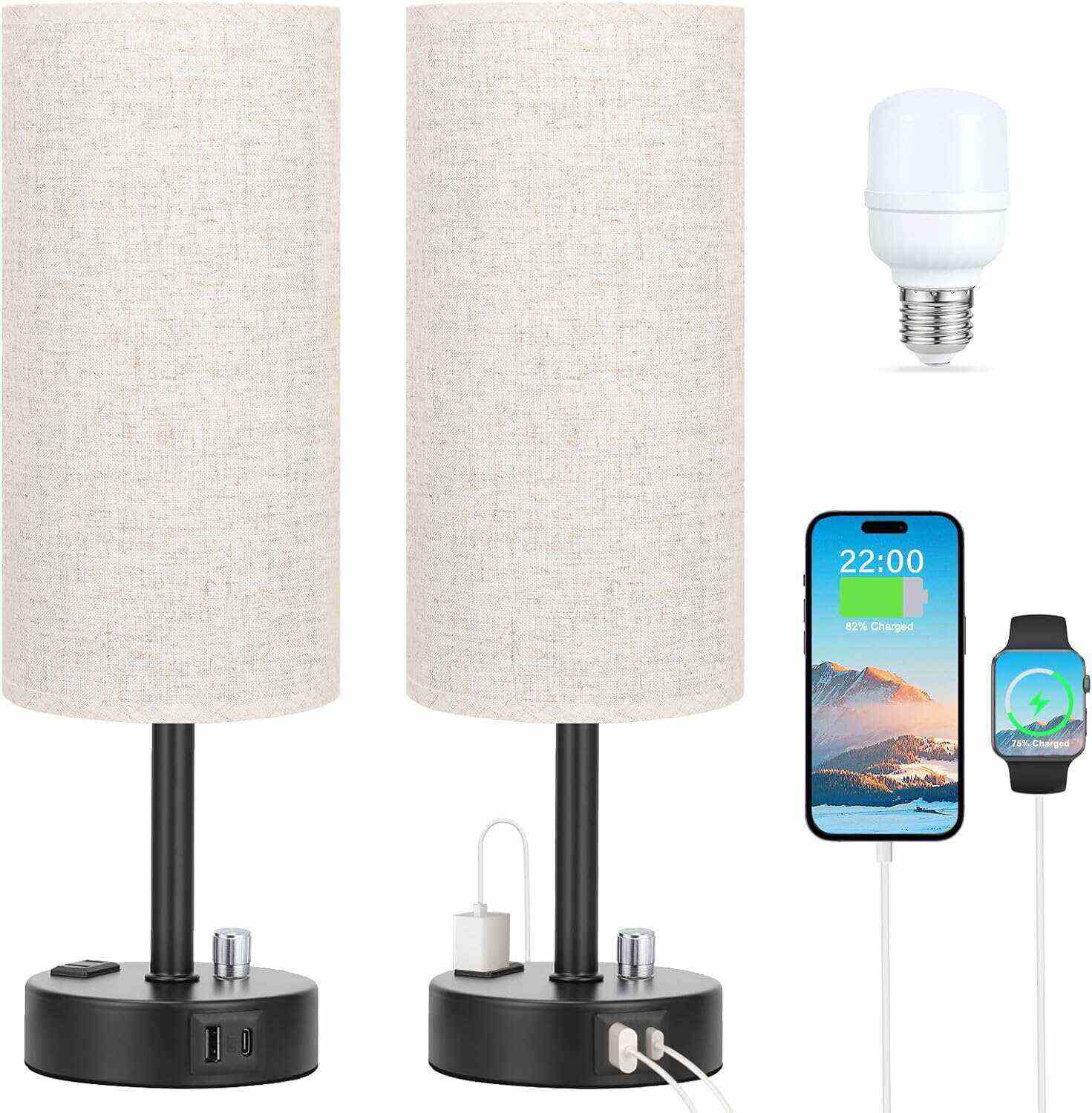 Bedside Table Lamp for Bedroom - 3 Way Dimmable Touch Lamp USB C Charging Ports and AC Outlet, Small Lamp Wood Base Round Flaxen Fabric Shade for Living Room, Desk, LED Bulb Included