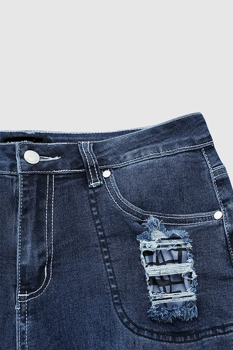 Vintage Stripe Print Ripped Mid Waist Jeans