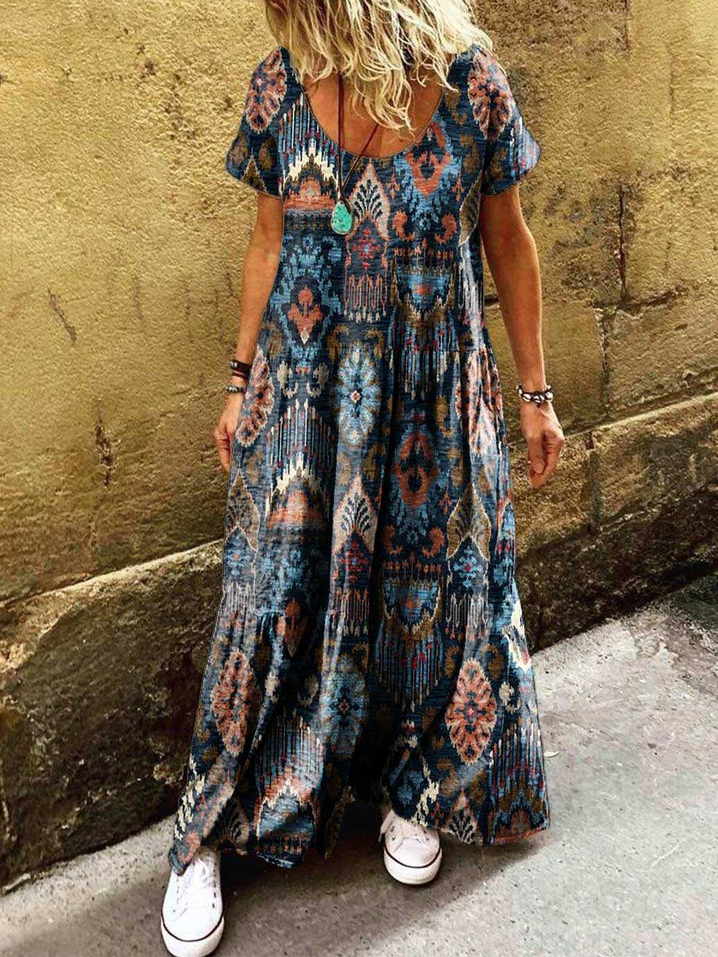 Women's Ethnic Tribal Art Painting Printed Round Neck Short Sleeve Dress