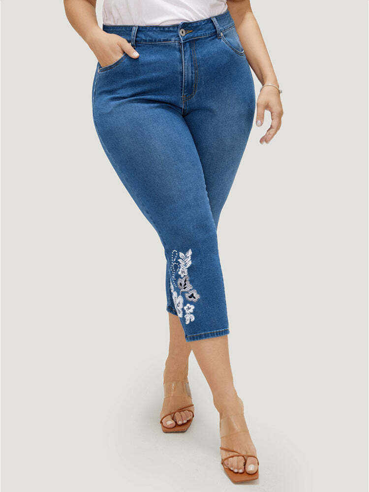 Very Stretchy High Rise Medium Wash Embroidered Cropped Jeans
