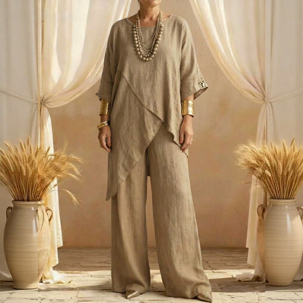 Women's Linen-Blend 2-Piece Outfit, Asymmetrical Layered Tunic Top + Wide Leg Pants