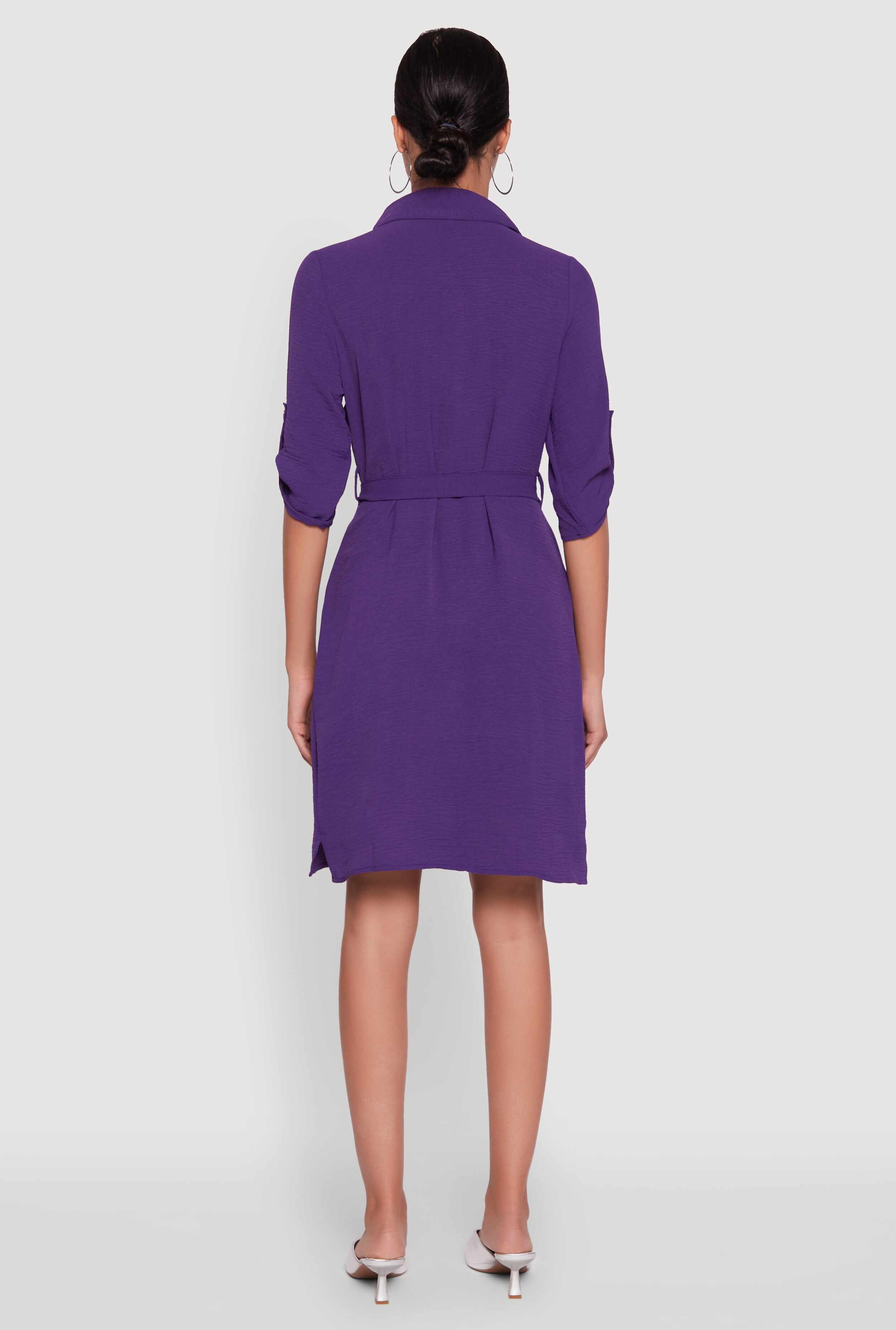 Airy Three Quarter Tabbed Sleeve Belted Shirt Dress