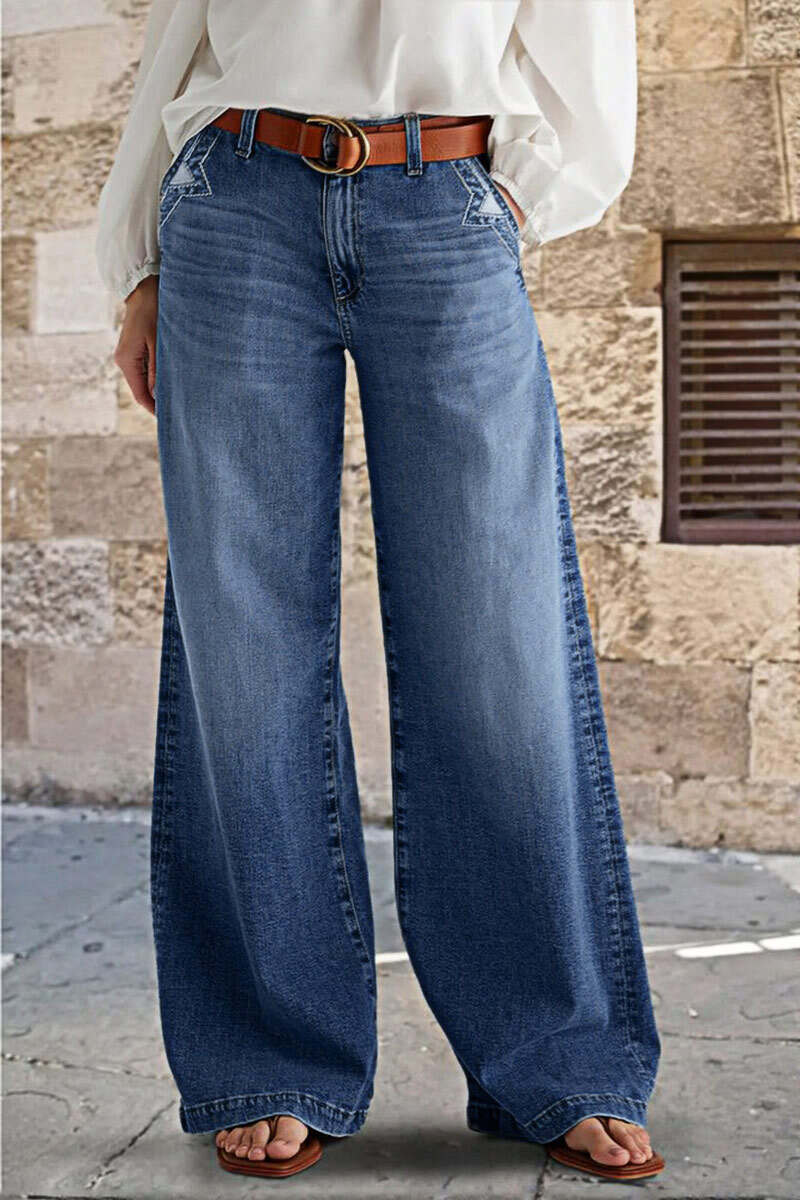 Wash Stitch Decor Wide Leg Mid Rise Jeans Without Belt