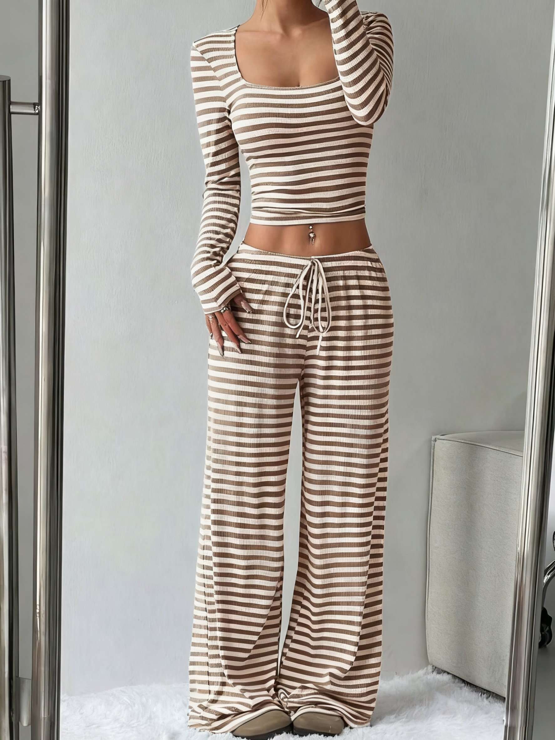 Women's Slouchy Square Neck Stripe Long Sleeve Crop Top & Low-Rise Wide Leg Trousers Co-ord