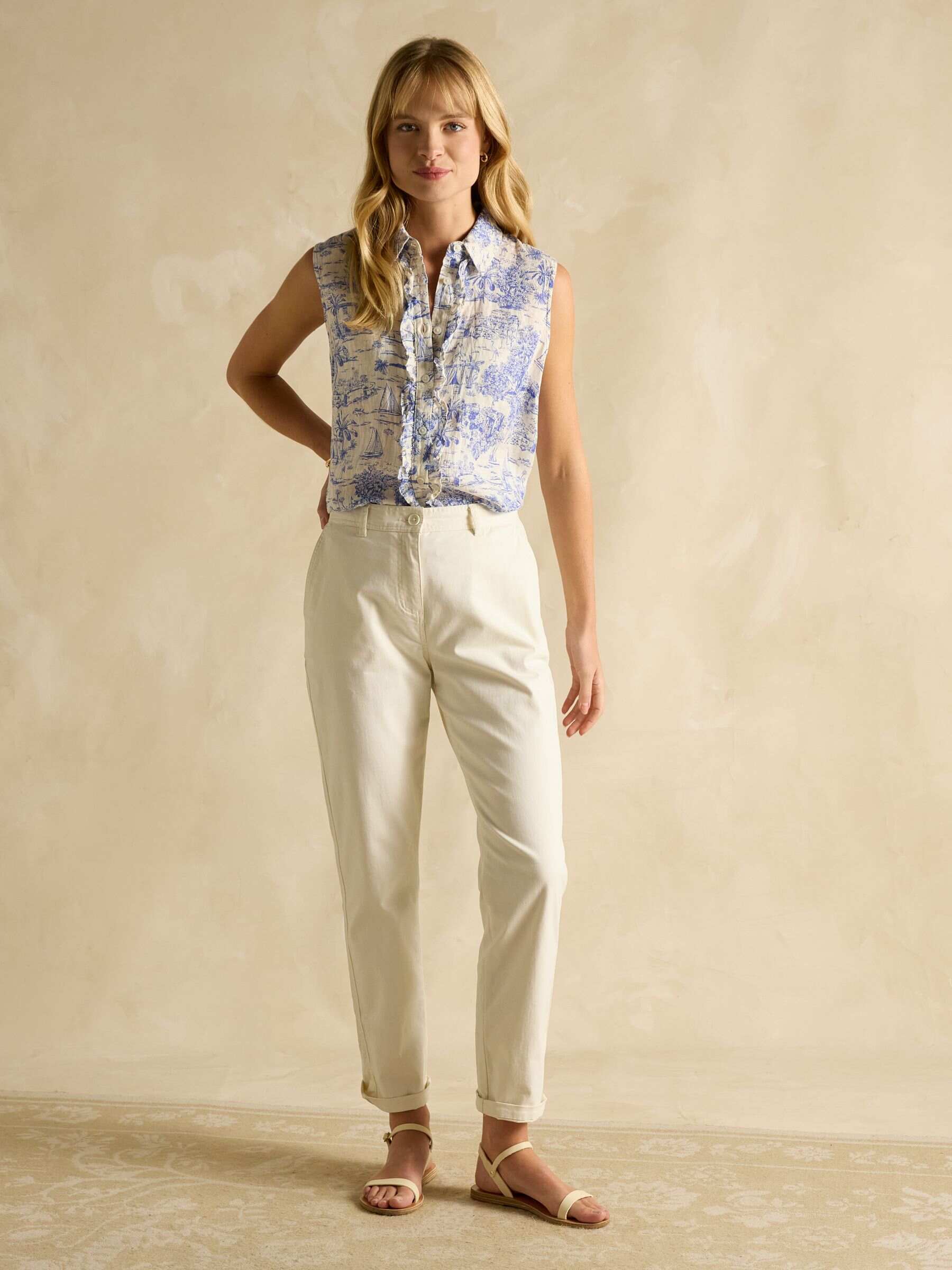 Selene Blue/White Toile de Jouy 100% Linen Sleeveless Shirt