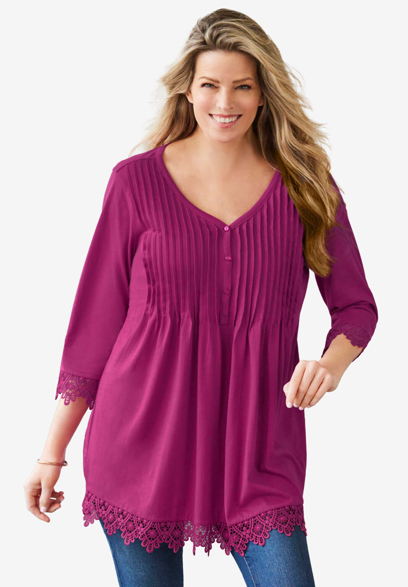 Pintuck Henley Crochet Trim Tunic
