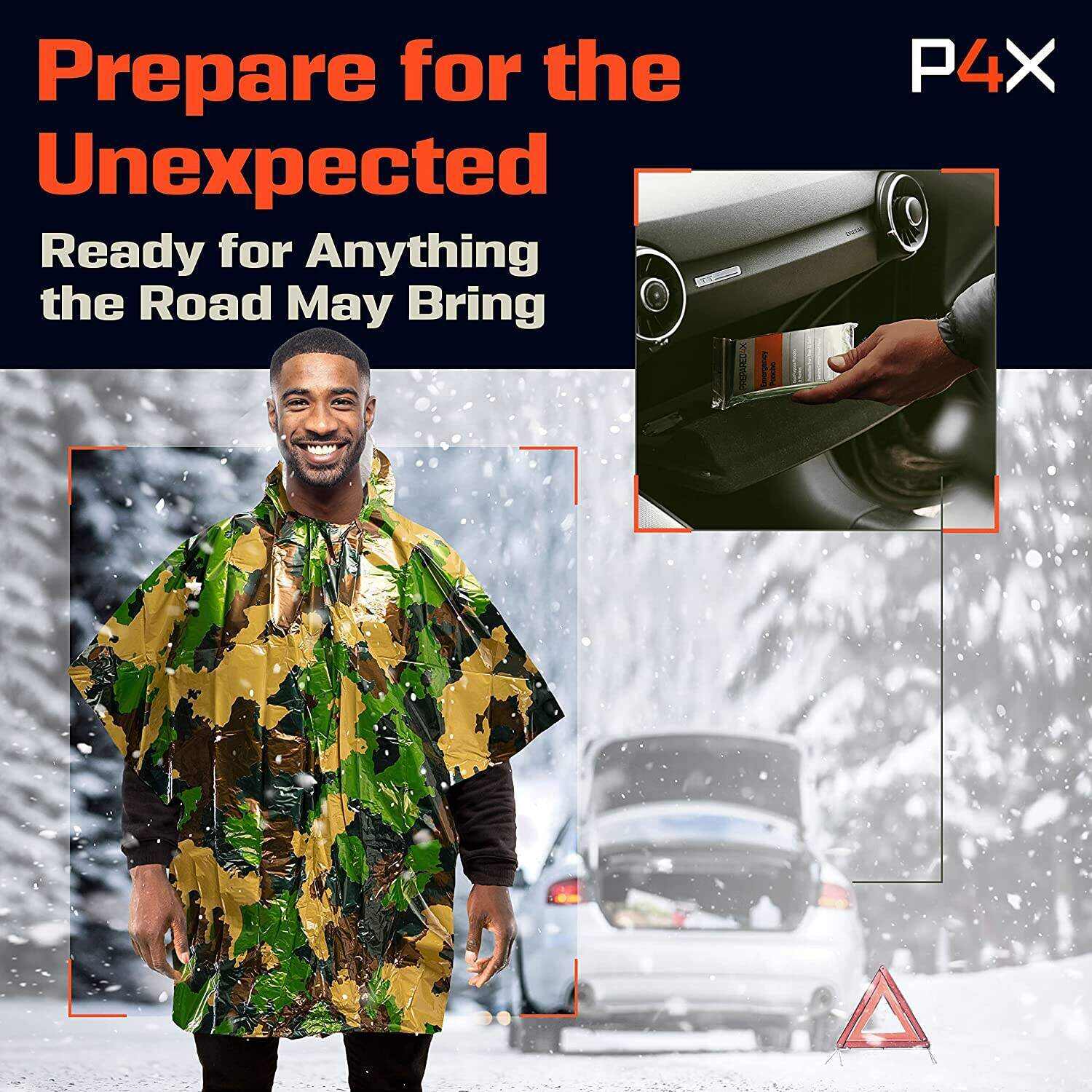 PREPARED4X Emergency Rain Poncho with Mylar Blanket Liner - Survival Blankets for Car - Heavy Duty, Waterproof Camping Gear, Tactical Prepper Supplies