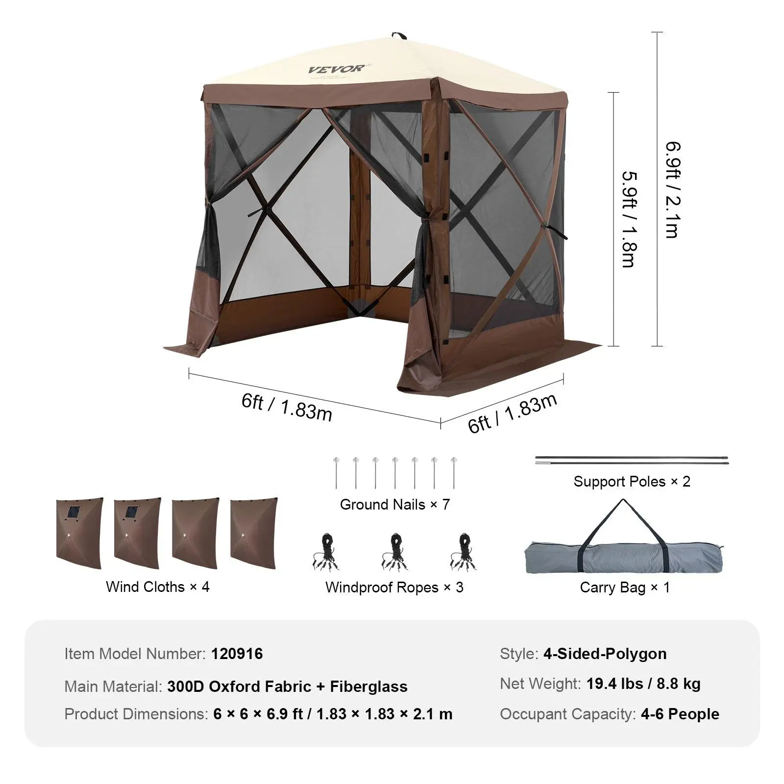 12x12ft 6-Sided Pop Up Screen Gazebo Tent, Outdoor Canopy Shelter With Mesh Windows, Carry Bag & Stakes, Large Shade Tent For Backyard Lawn Camping, Brown/Beige Available