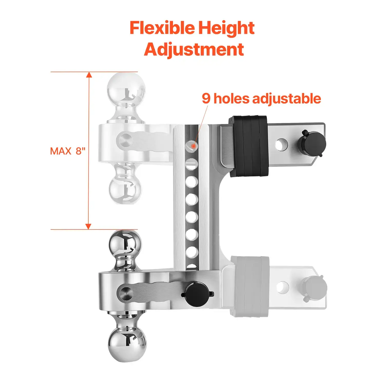 Adjustable Trailer Hitch,  8-Inch Drop Hitch, Tri-Ball Mount for 2.5-Inch Hitch Receiver, Trailer Ball Size 1-7/8