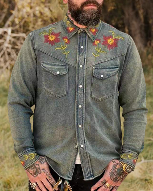 Men's Casual Floral Print Western Long Sleeve Jacket Coat