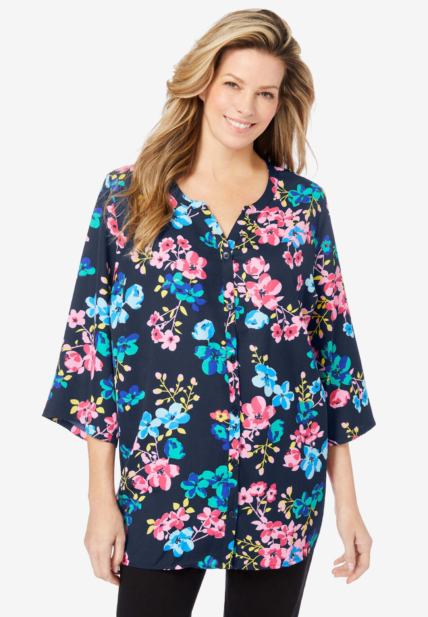 Y-Neck Button Front Blouse