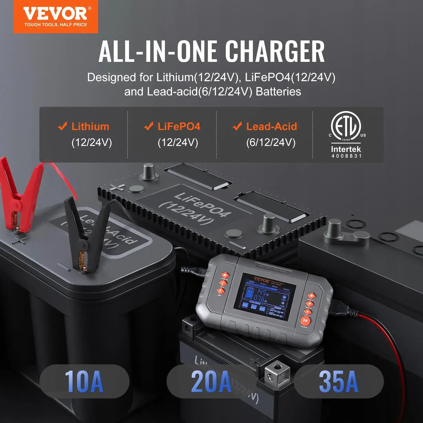 Smart Battery Charger, 35-Amp, Lithium LiFePO4 Lead-Acid (AGM / Gel / SLA) Car Battery Charger with LCD Display, Trickle Charger Maintainer Desulfator for Boat Motorcycle Lawn Mower Deep Cycle