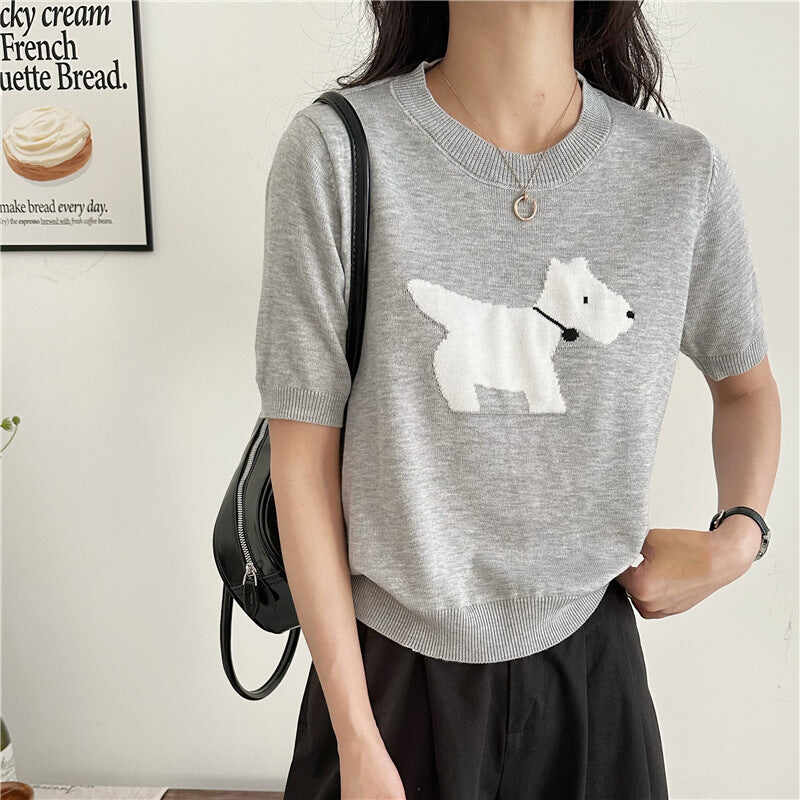 Puppy Jacquard Design Gray Loose Base Knitting Short Sleeve