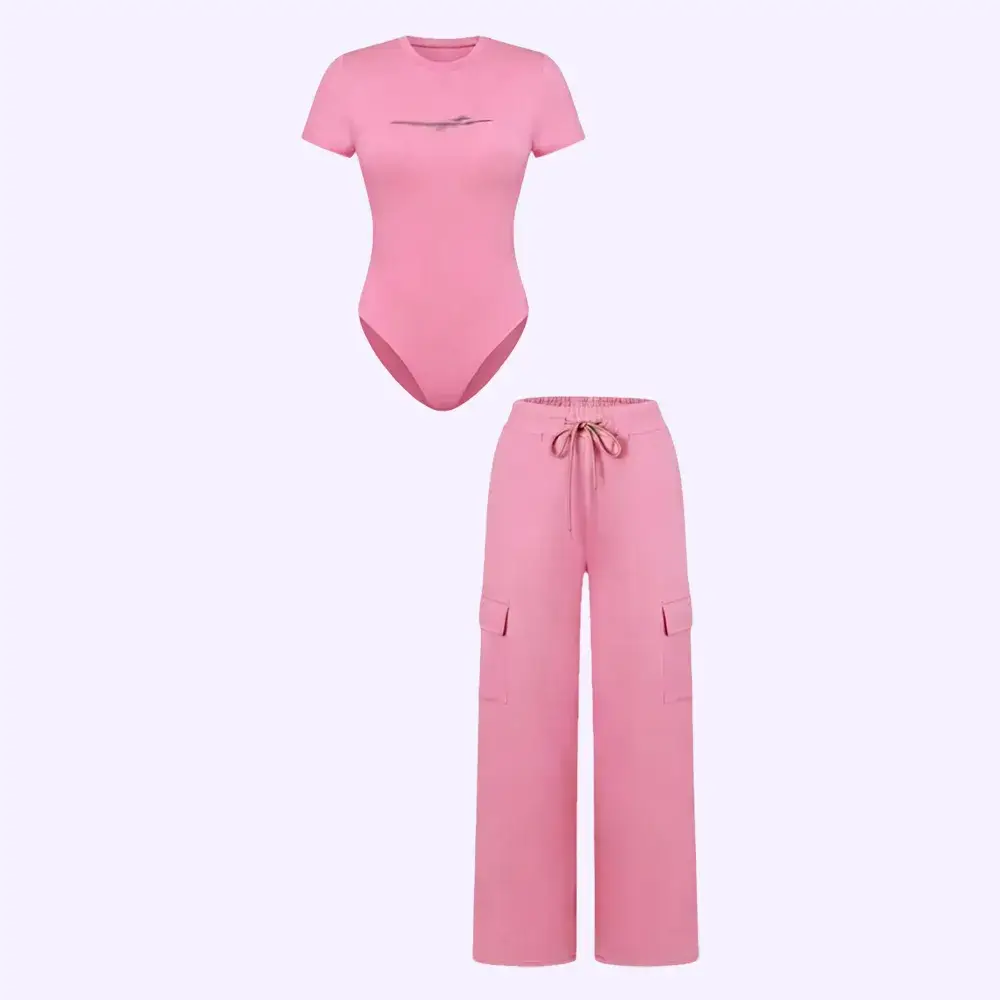 🔥Spring Fresh Sale 🎁Women's Knit Letter Print Two-Piece Set, Casual Fitted Short Sleeve Round Neck Jumpsuit & Drawstring Long Pants