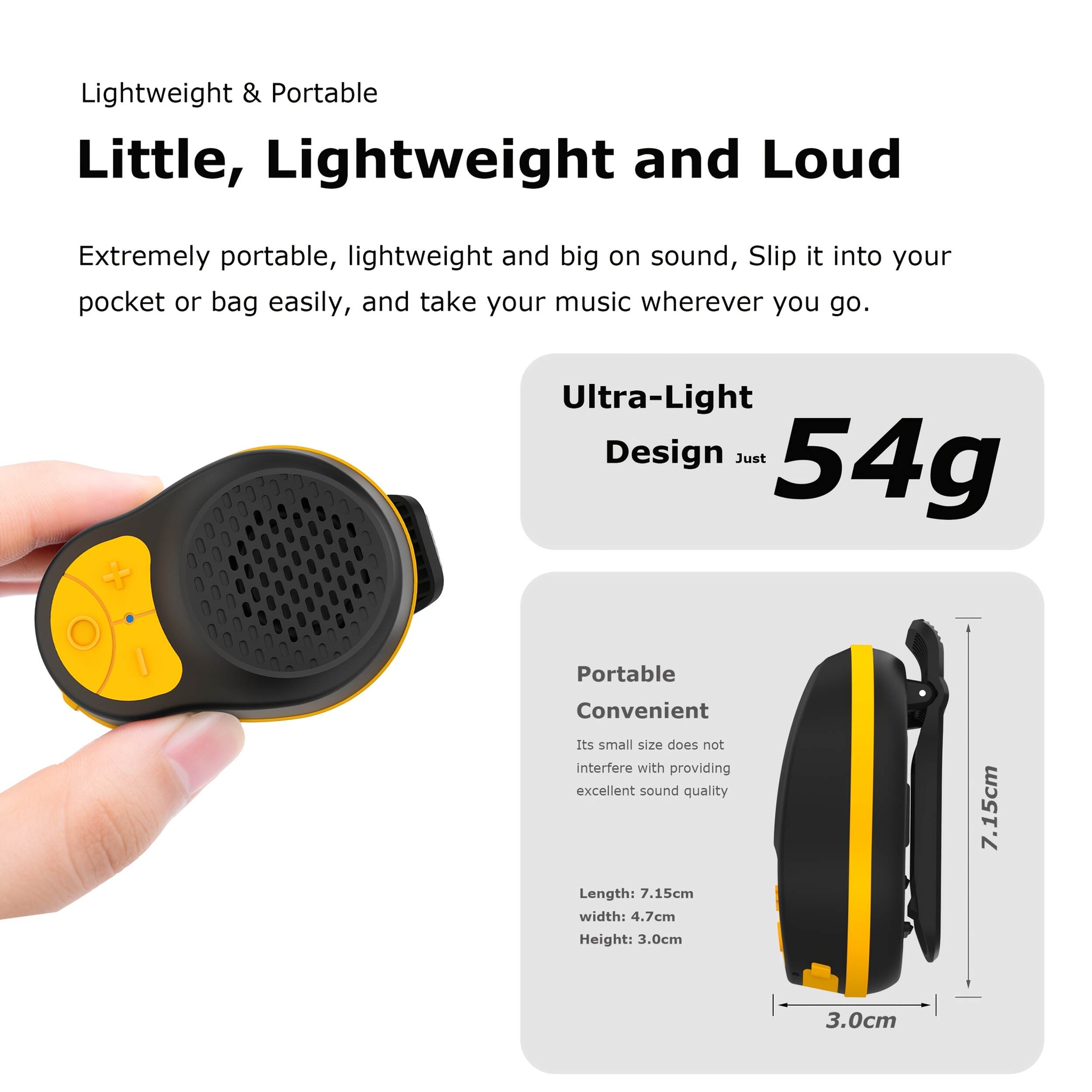 Wireless Portable Clip-On Speaker with Built-in Mic, 15 Hours Battery, IPX-5 Water-Resistant, USB Type-C Charging, 1-3W Output, Button Control, for Music & Calls, Ideal for Jobsite, Running, Biking, Hiking - No Charger Included
