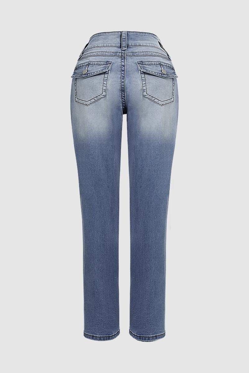 Wash Double Button Flap Pocket Mid Waist Straight Leg Jeans