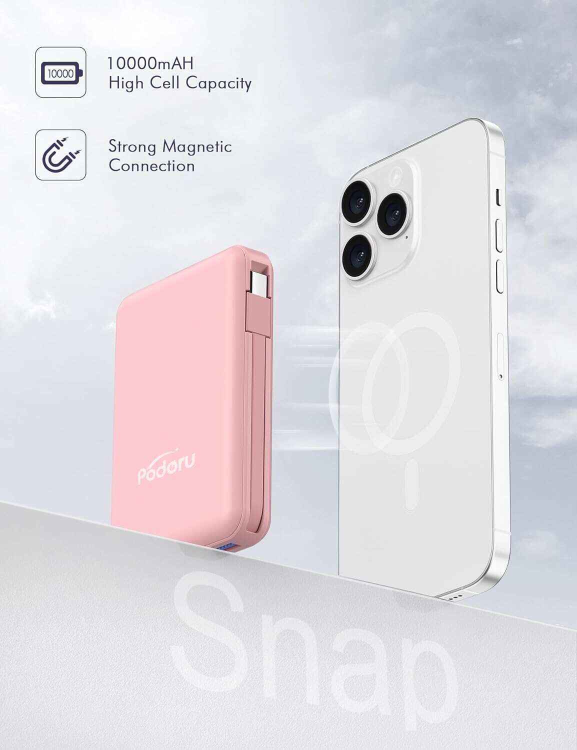 podoru Wireless Portable Charger, 10000mAh Magnetic Power Bank Built-in USB-C Lighting Cables 22.5W PD Fast Charging LED Display Mag-Safe Battery Pack for iPhone 15/14/13/12/Mini/Pro/Pro Max - White