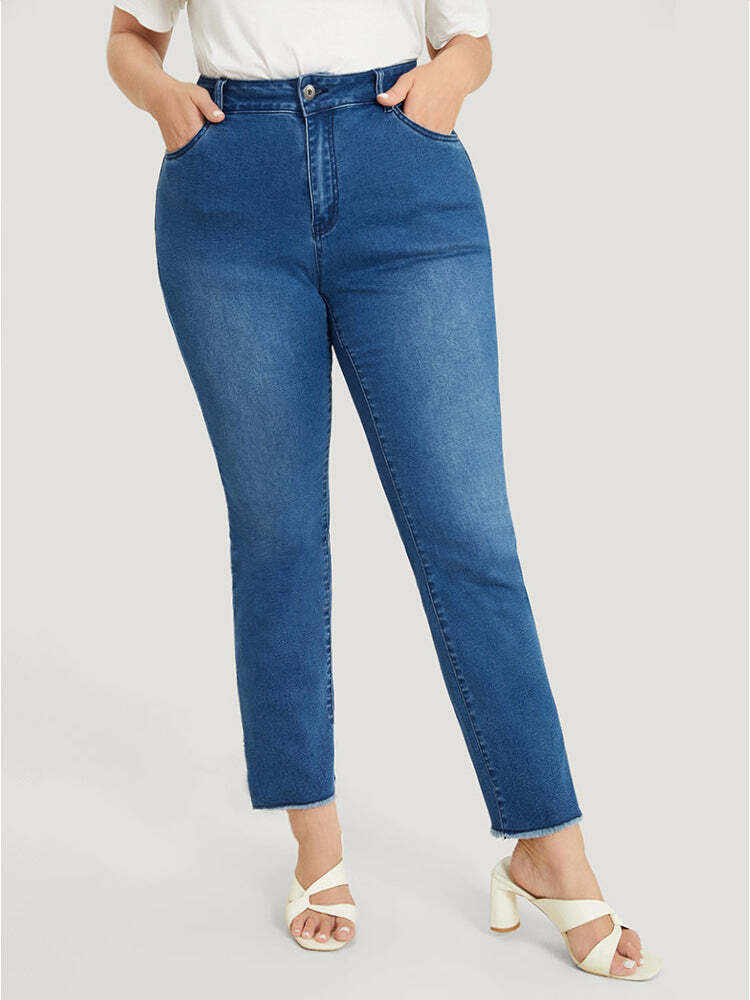 Very Stretchy High Rise Medium Wash Lace Insert Raw Hem Jeans