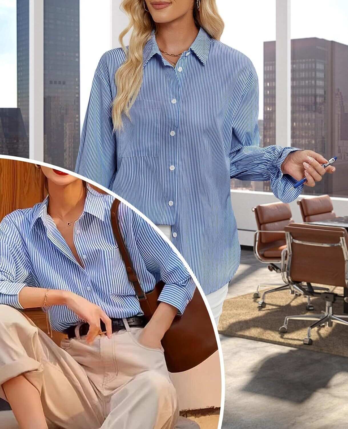 Women's Striped Button Down Shirts Smocked Cuffed Boyfriend Shirt Long Sleeve Blouse Top with 3 Pockets