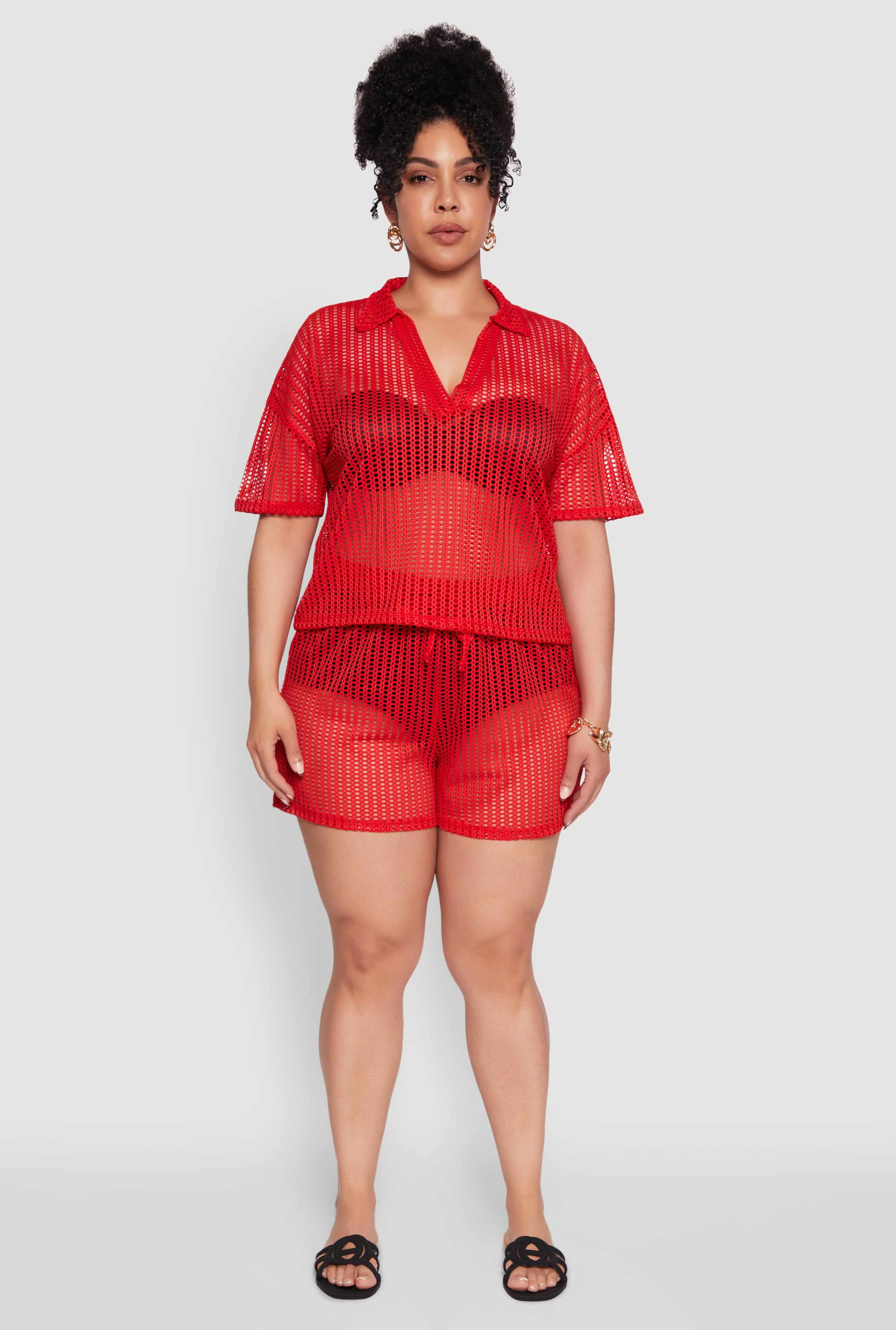 Plus Size Laser Cut Shorts with Drawstring Waist