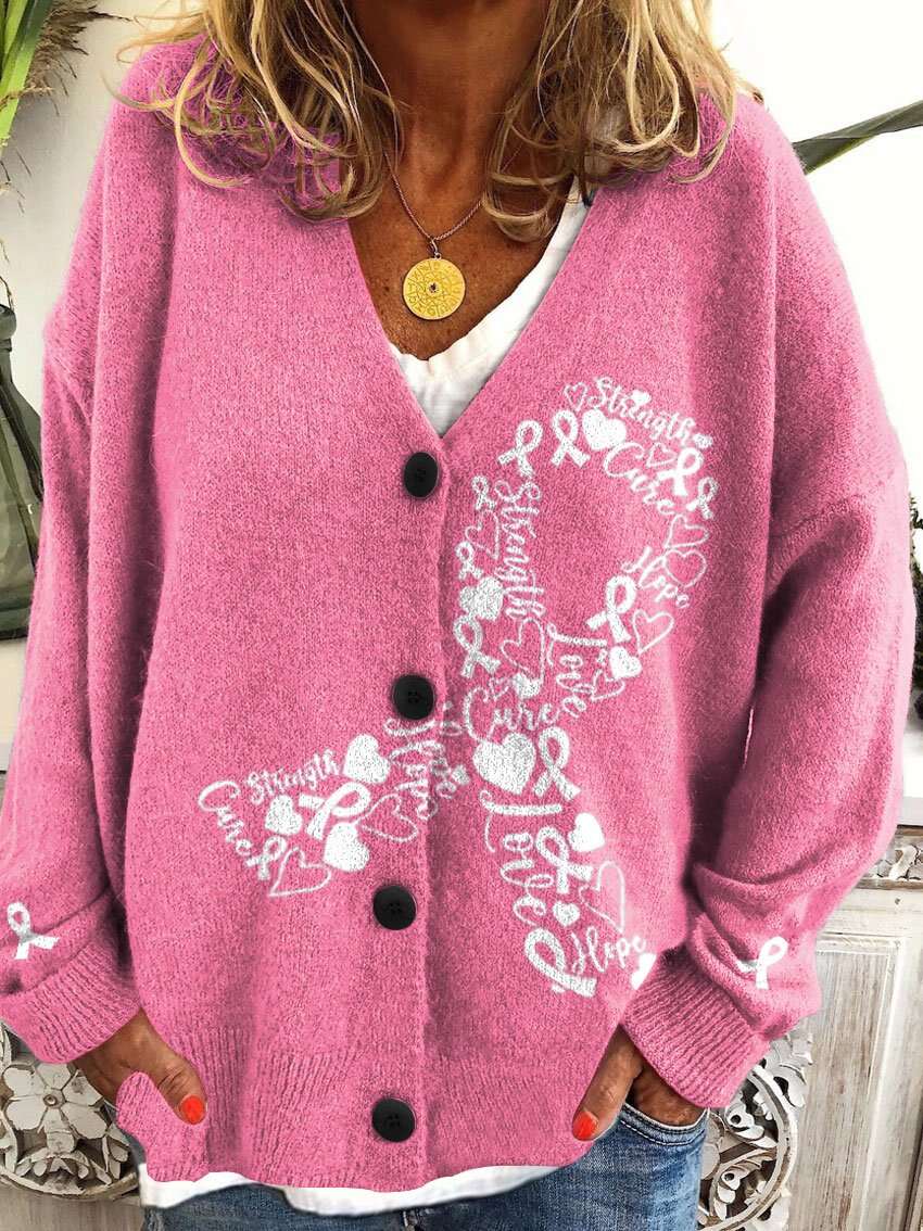 Women's Breast Cancer Pink Ribbon Buttoned Cardigan Sweater