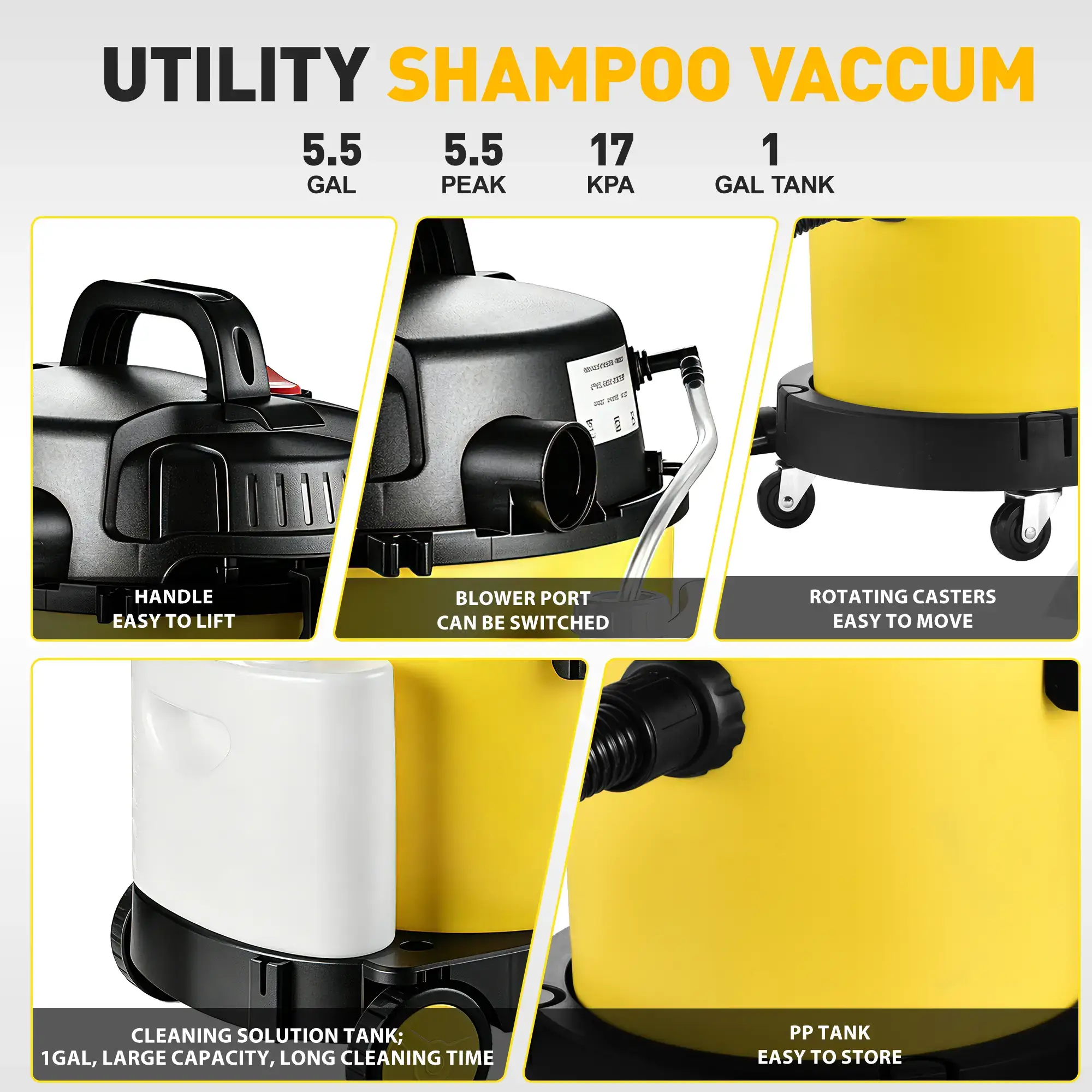 5.5+1 Gallon Wet & Dry Vacuum – 17 kPa Powerful Suction, 4-in-1 Multi-Purpose Cleaner with 15 ft Cord, Quiet 70 dB Operation – Ideal for Dog Hair, Garage, Home & Car