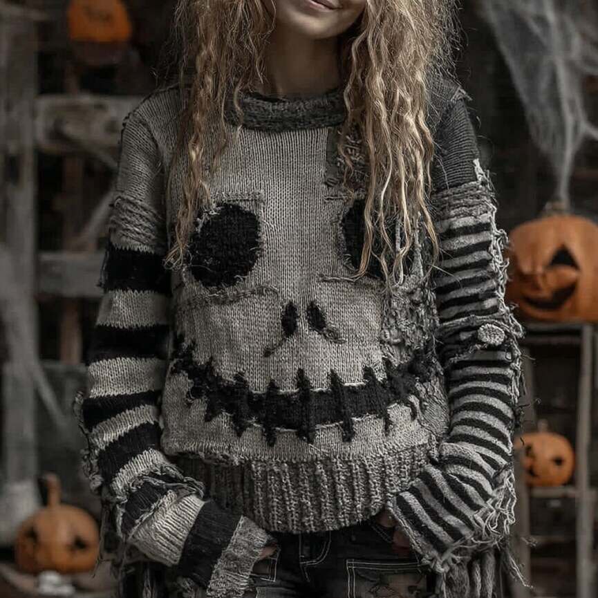 Halloween Pumpkin Face Patchwork Art Cozy Knit Sweater