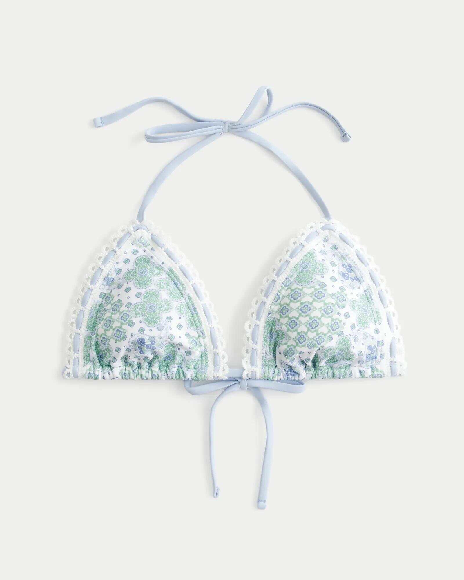 Crochet-Style Trim Halter Triangle Bikini Top
