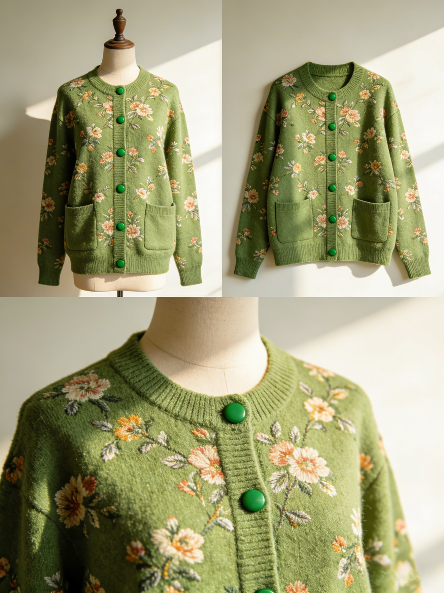 Art Green retro Button Cute Fall Knit sweaters