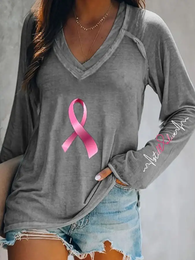 Breast Cancer V Neck Long Sleeve Casual T-Shirt