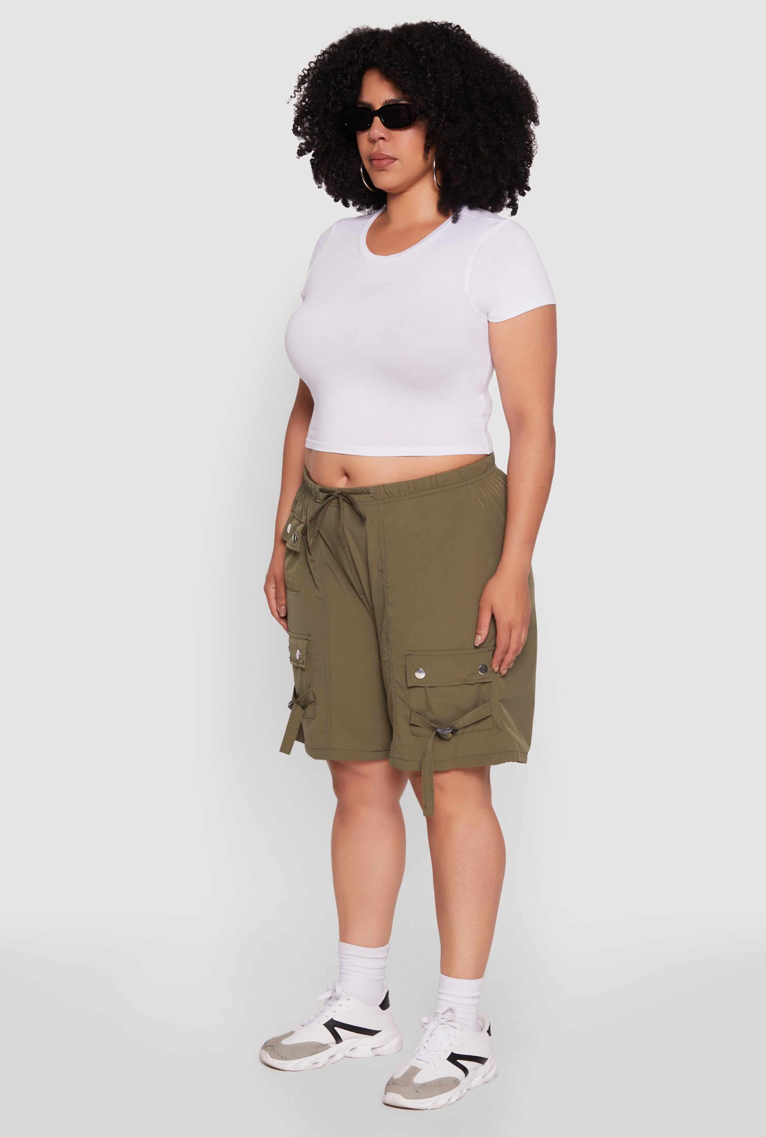 Plus Size High Waisted Nylon Cargo Shorts with Drawstring