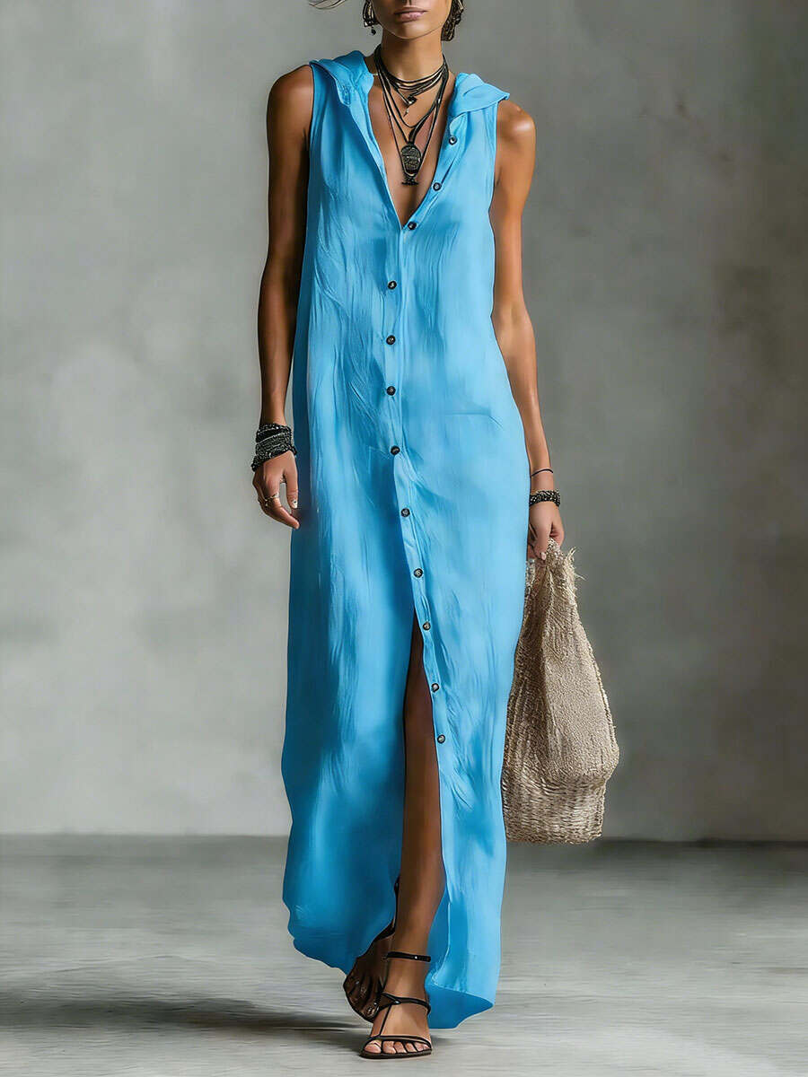 🔥Summer Arrivals🌟Women's Retro Hooded Solid Color Long-sleeved Cotton Linen Dress