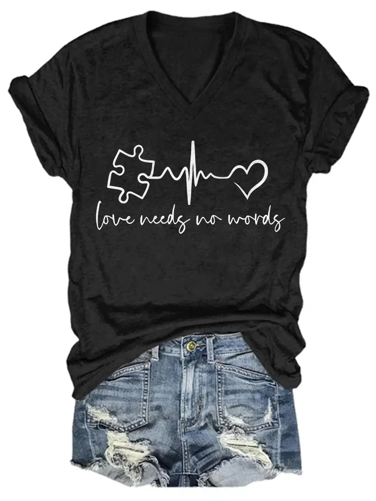 Autism Awareness Love Needs No Word Casual Print T-shirt