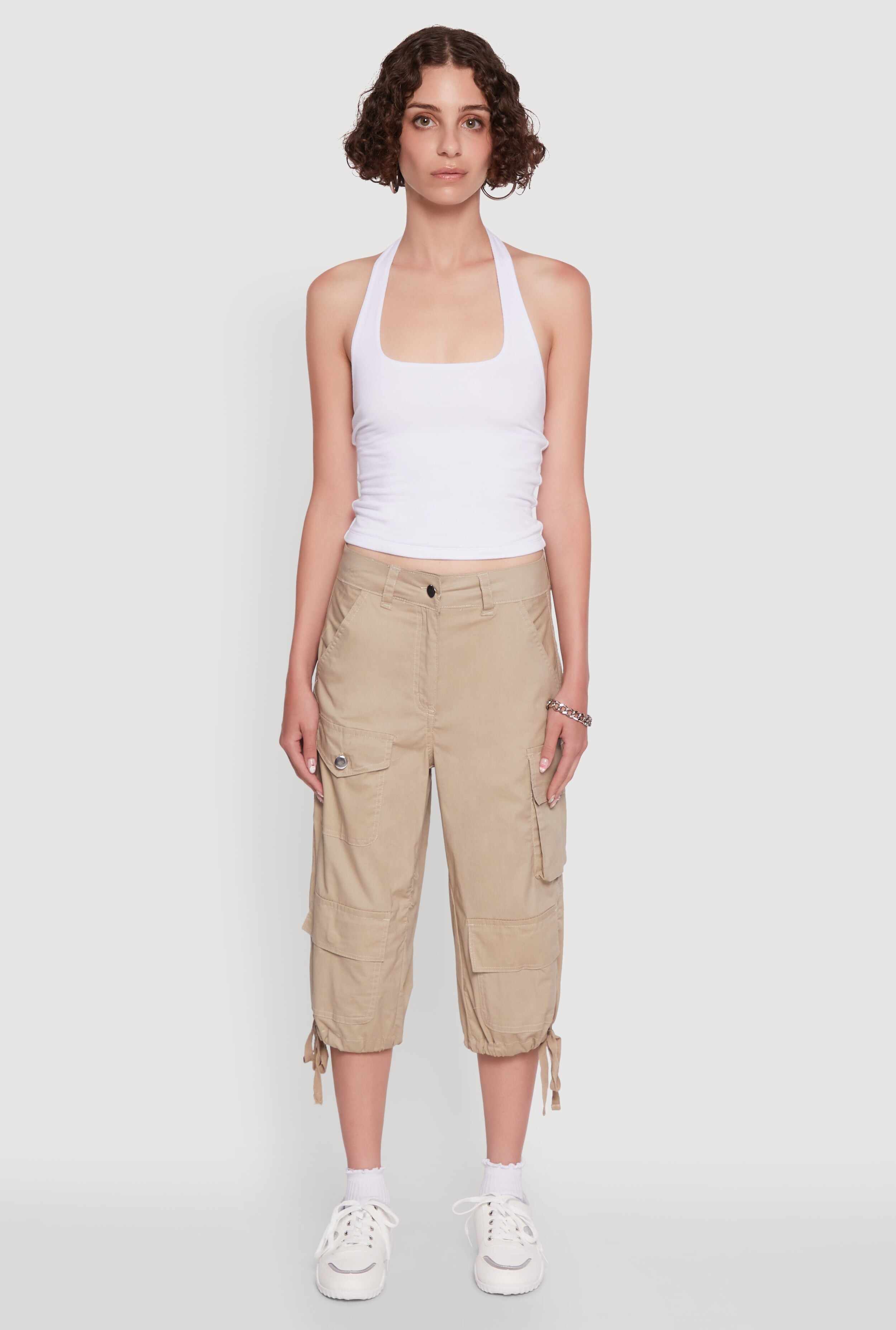 Trendy Cargo Pocket Drawstring Hem Capris Pants