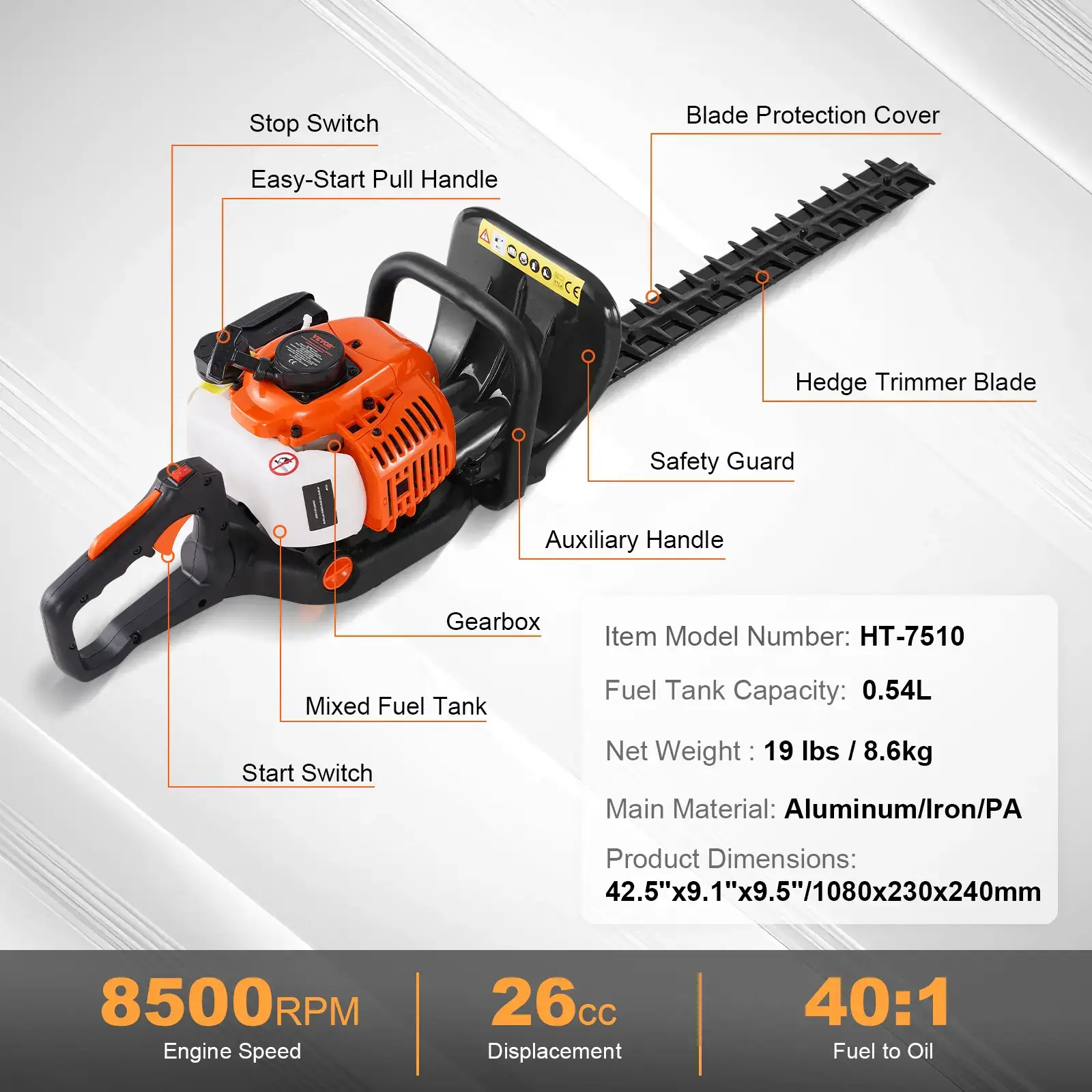 23.2-inch 26CC 2 Cycle Gas Hedge Trimmer Gas Powered Handheld Hedge Trimmer with Dual Sided Dual Action Blade180° Adjustable Trimmer HeadSuitable for Trimming ShrubsLow Bushes