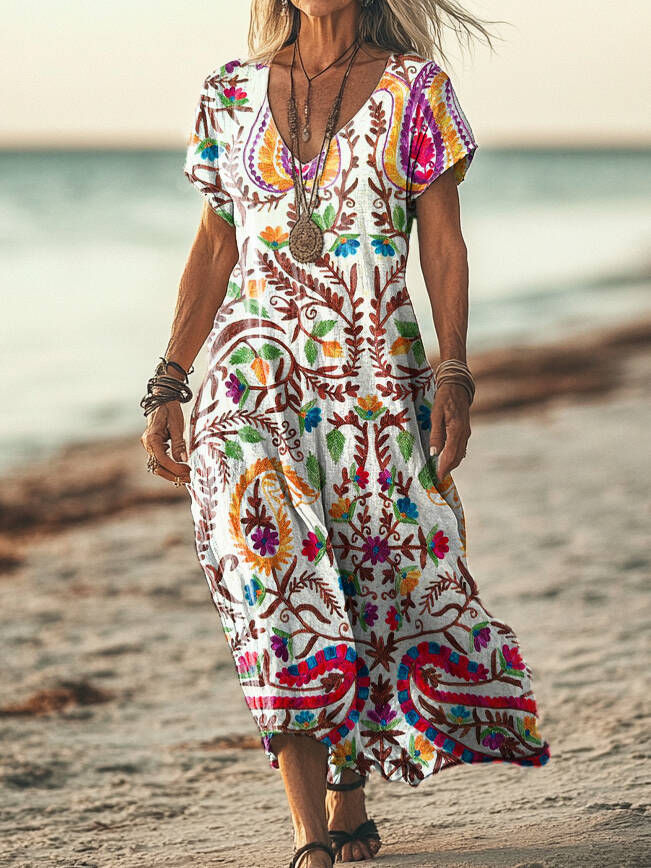 Women's Vintage Floral Short Sleeve Pocket Cotton Linen Dress