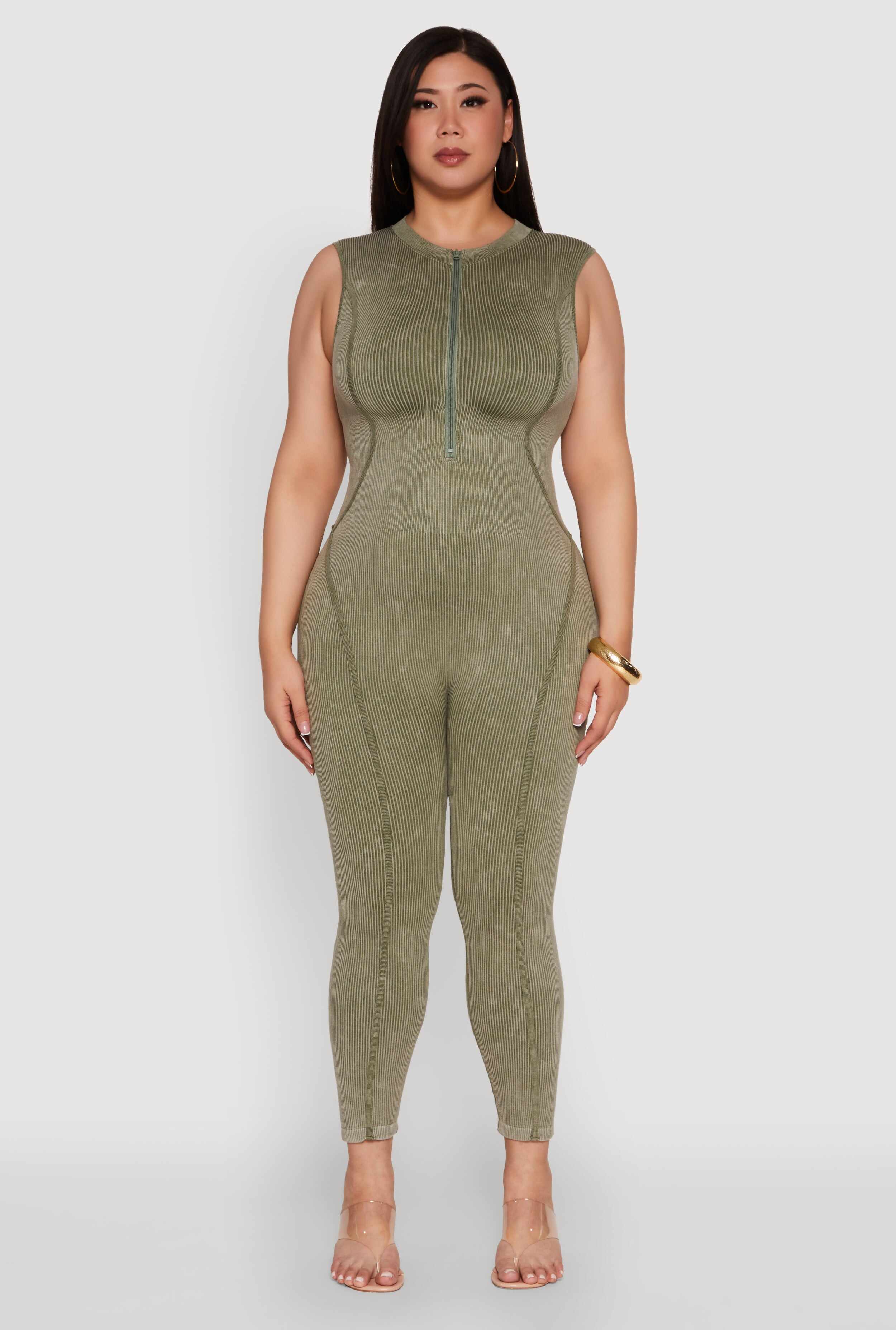 Seamless Ribbed Knit Sleeveless Jumpsuit with Zip Neck
