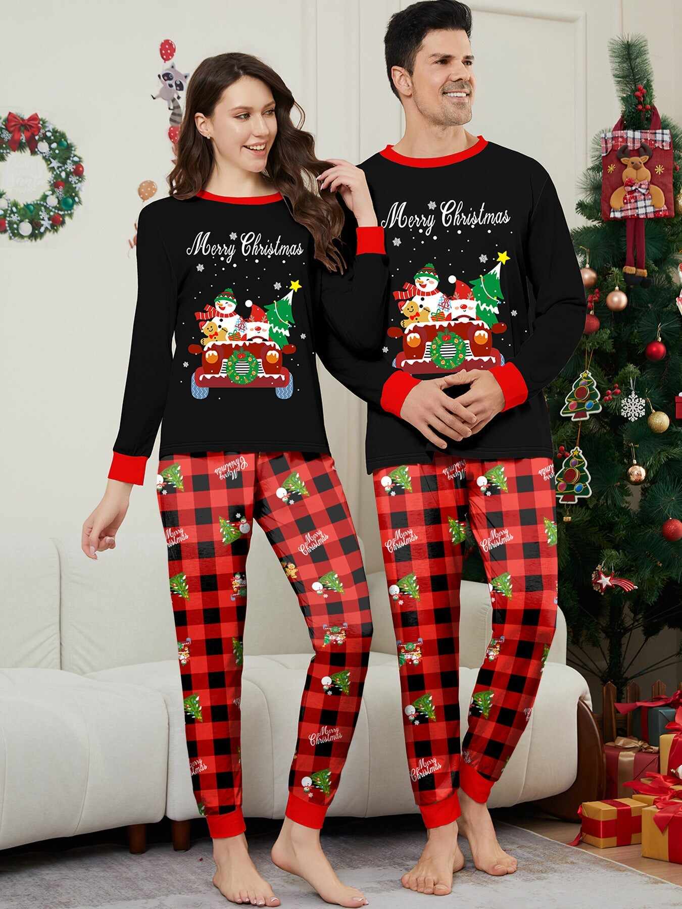 Car Snowman Printed Family Matching Christmas Pajamas Sets