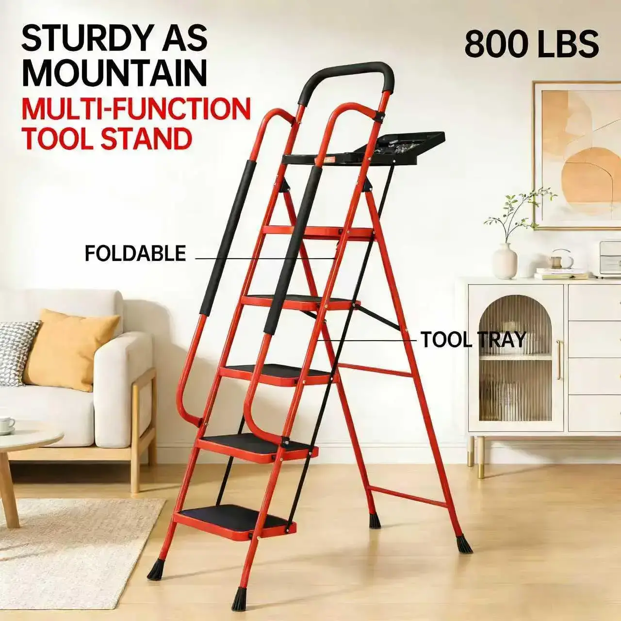 Sturdy Portable 5-Step Ladder, 800 LBS Capacity, Foldable with Handrail & Tool Tray, Ideal for Kitchen & DIY Projects, Sturdy Portable Ladder
