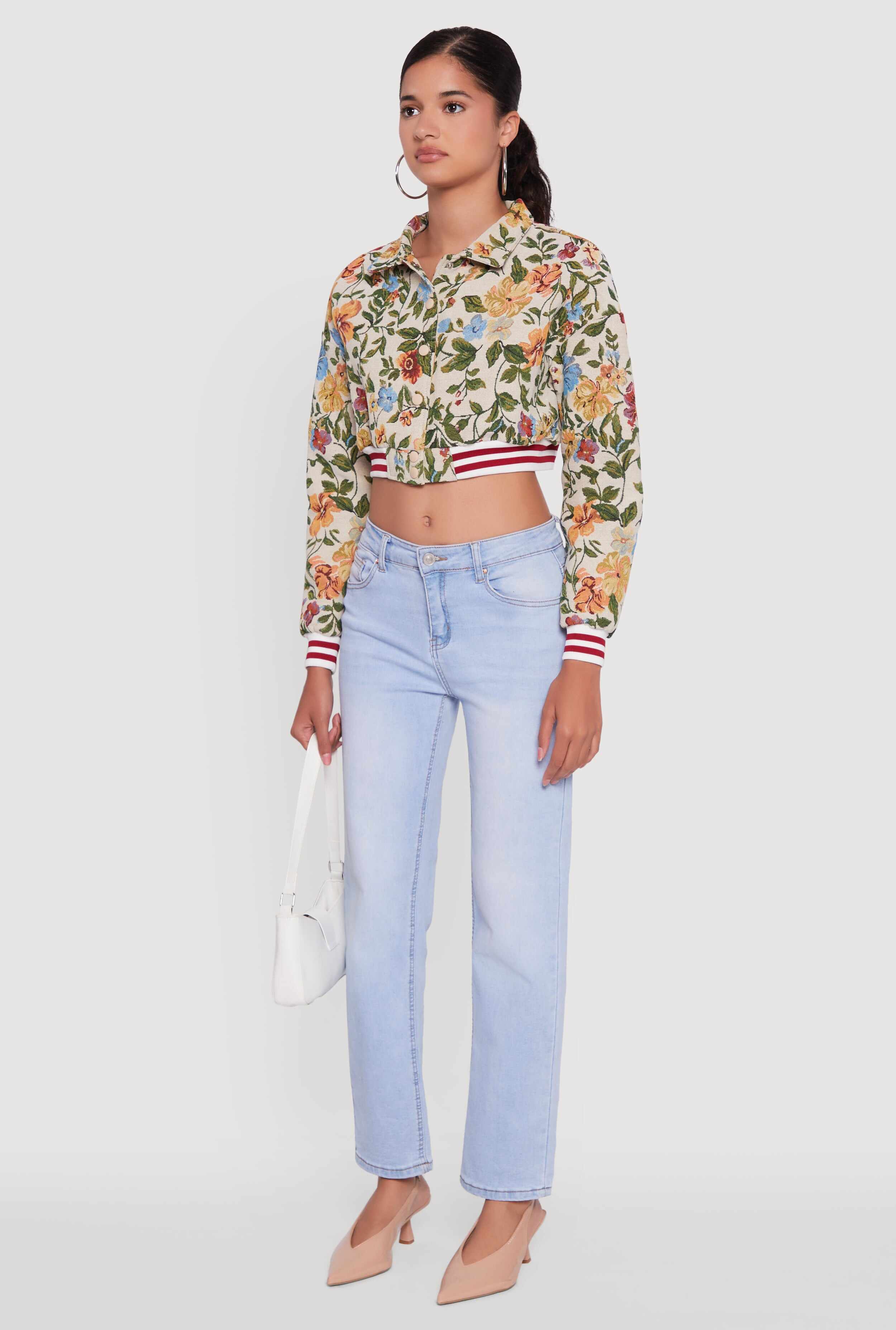Floral Embroidered Jacquard Jacket with Varsity Stripes
