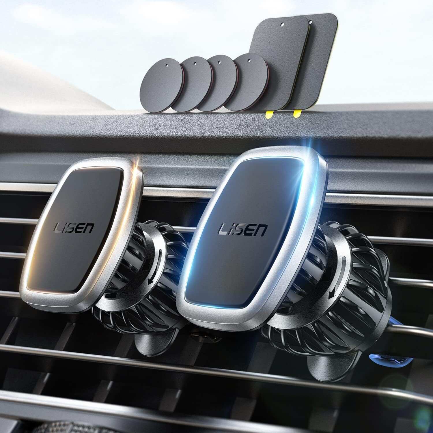 LISEN 2 Pack Magnetic Phone Holder for Your Car Mount 6 Military Magnets Car Phone Holder Mount Vent Cell Phone Holdeer Mount Vent Cell Phone Holder (20X Powerful: Gold)