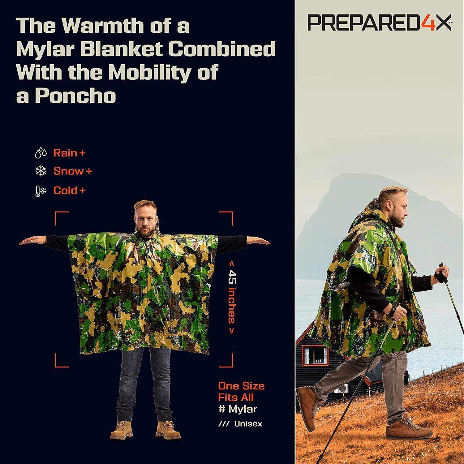 PREPARED4X Emergency Rain Poncho with Mylar Blanket Liner - Survival Blankets for Car - Heavy Duty, Waterproof Camping Gear, Tactical Prepper Supplies