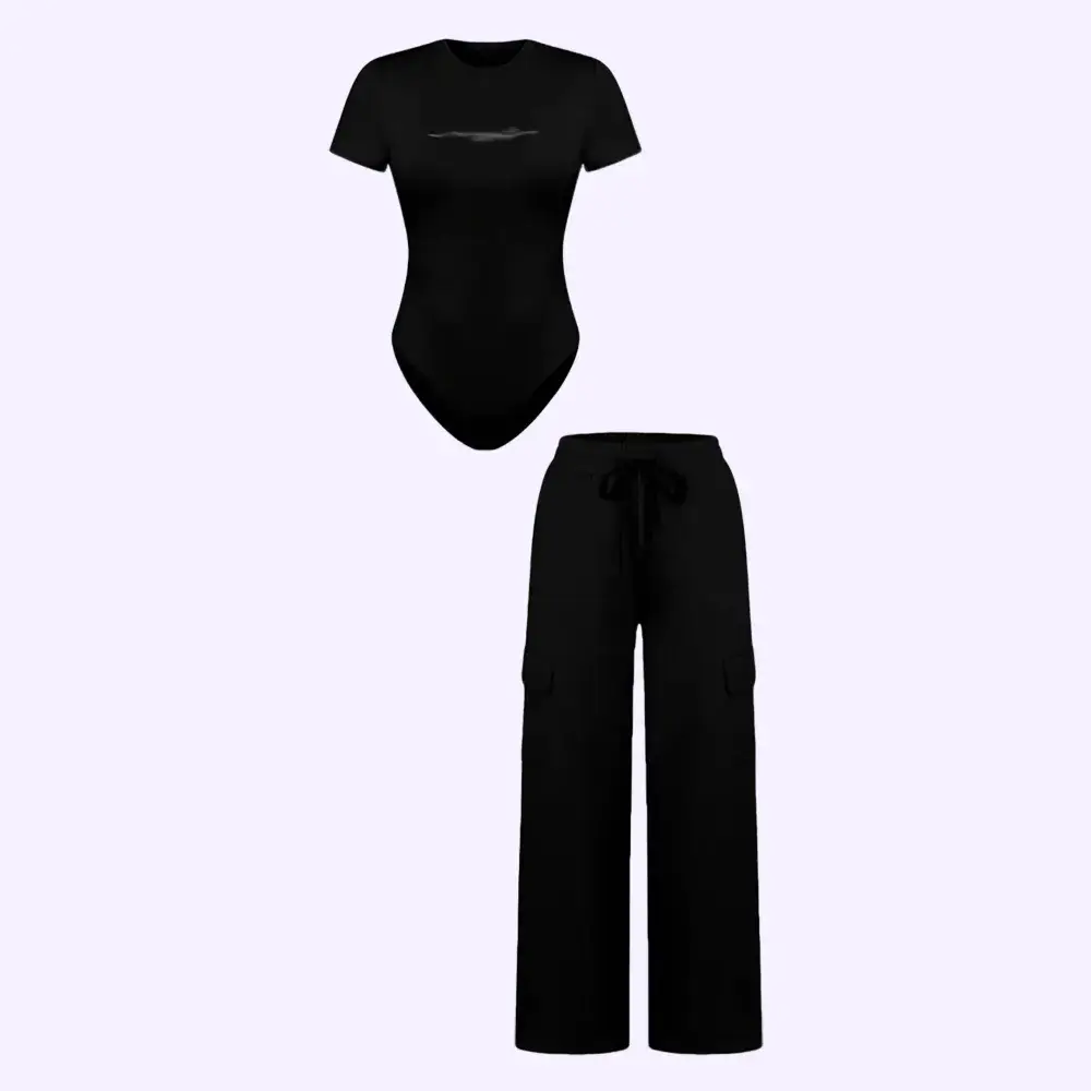 🔥Spring Fresh Sale 🎁Women's Knit Letter Print Two-Piece Set, Casual Fitted Short Sleeve Round Neck Jumpsuit & Drawstring Long Pants