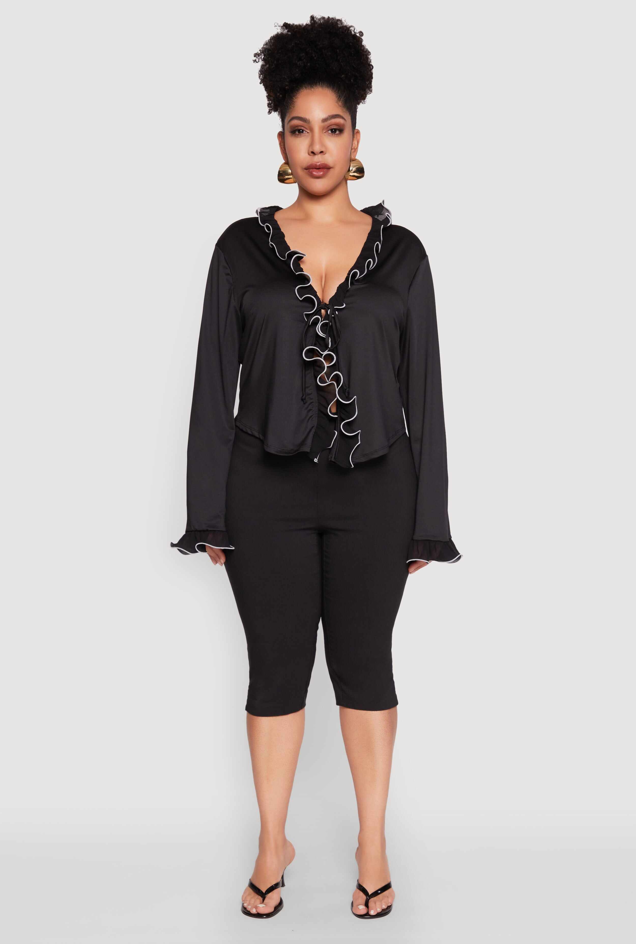 Plus Size Ruffle Trim Tie Front Blouse