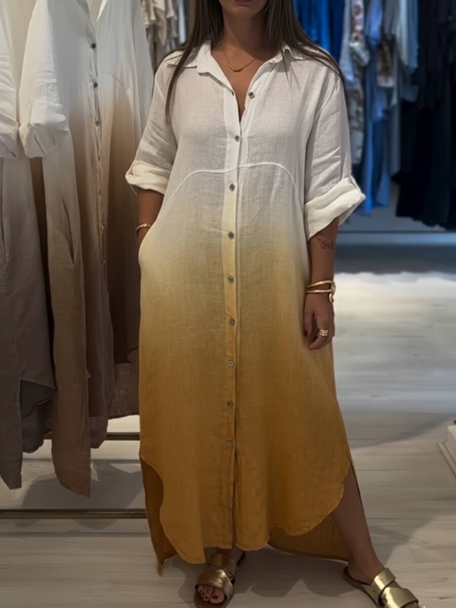 🔥Summer Arrivals🌟Casual Gradient Color Linen And Cotton Shirt Dress