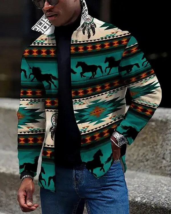 Men's Casual Plaid Printed Long Sleeve Shirt Jacket