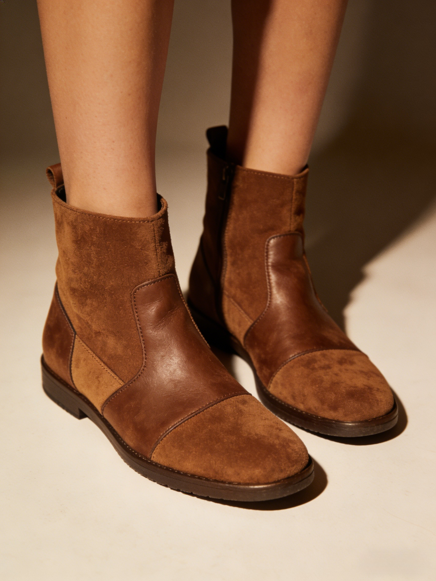 Retro Suede Splicing Flats Boots Brown Faux Leather