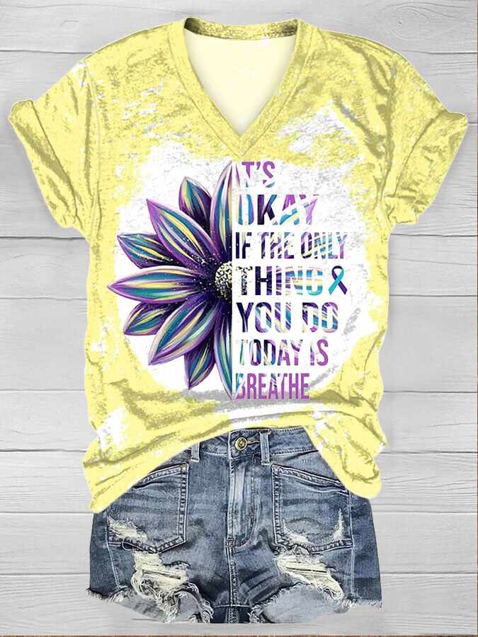 It's Okay Sunflower Print Short Sleeve T-Shirt